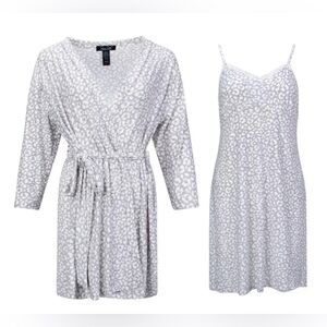 Rene Rofe Grey Animal Print  Robe & Chemise Sleep Set M